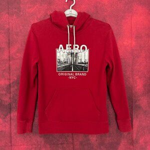 AEROPOSTALE MEN'S AERO LOGO POPOVER HOODIE IN RED FLEECE FABRIC, SIZE S (SMALL)